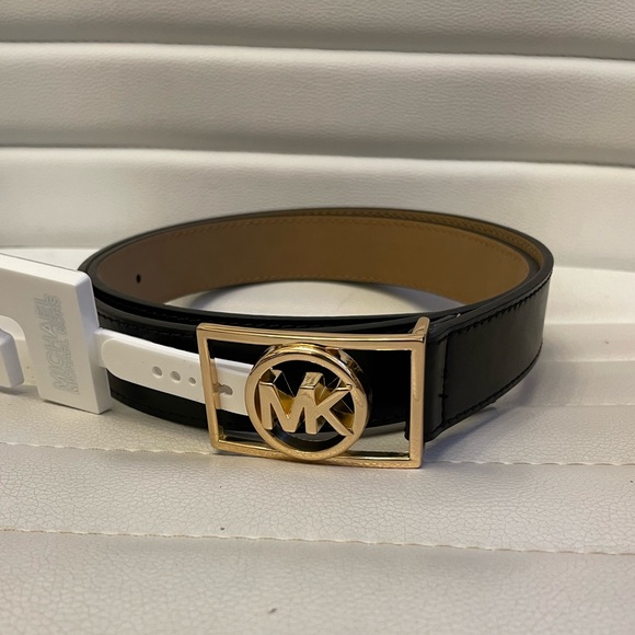 Michael Kors Black Leather Belt Goldtone MK Logo Buckle NEW